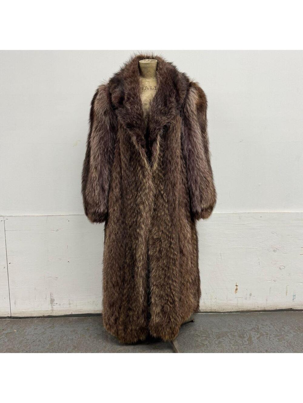 Vintage 70s–80s Brown Chevron Genuine Raccoon Fur Full-Length Coat